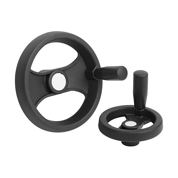 Handwheel, 2-spoke plastic, Dia. 252, bore 20, key 6 mm. Revol. grip.